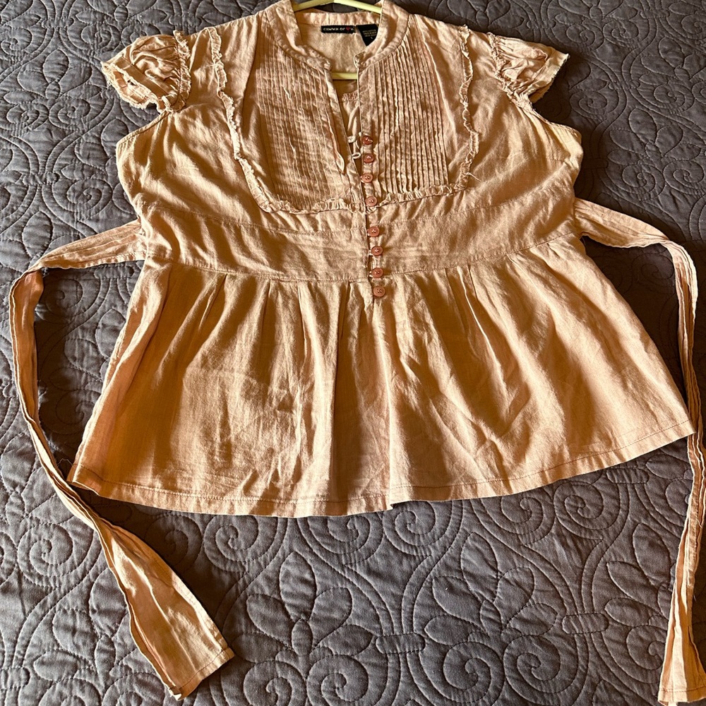 Muted Pink Boho 100% Cotton Blouse w Raw Edge Ruffle Details L
